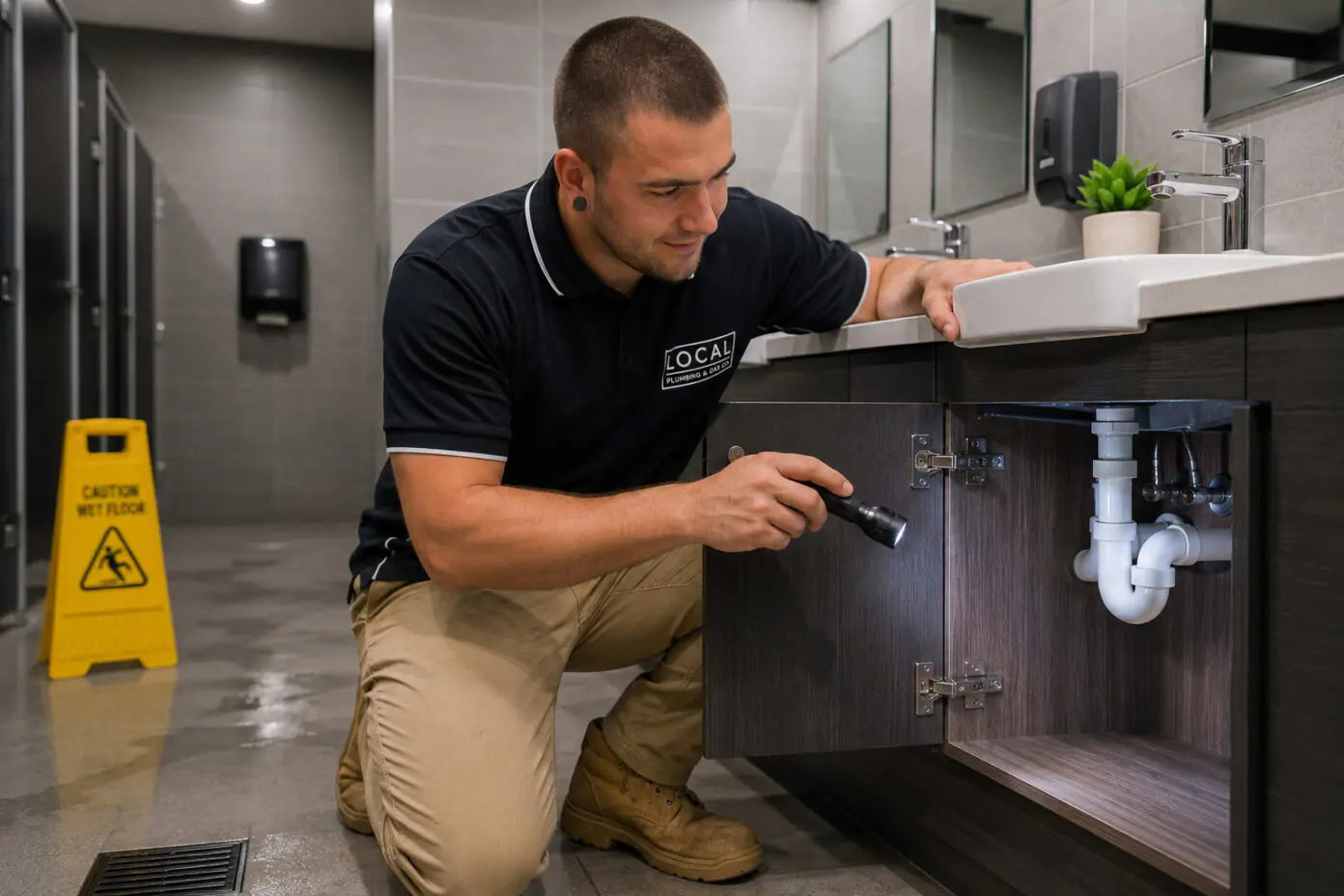 Gold Coast commercial plumber inspecting a leaking basin and wet floor in a shared bathroom