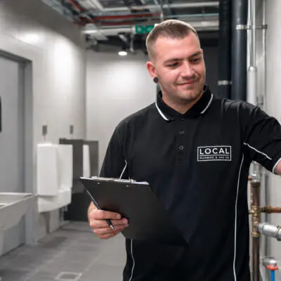 Gold Coast commercial plumber inspecting restroom pipework during scheduled plumbing maintenance