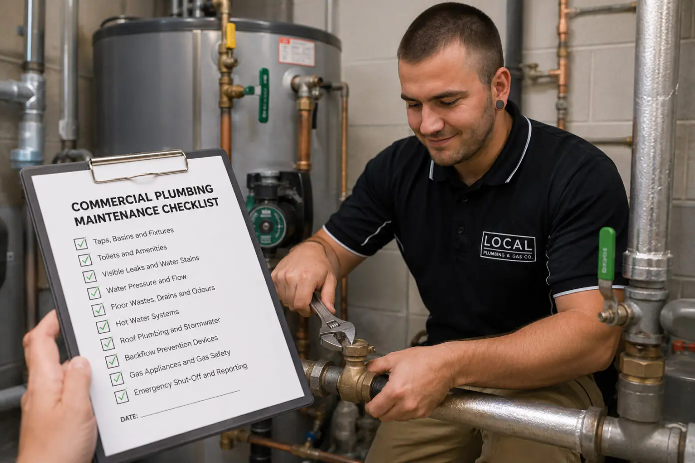 Commercial plumber completing a plumbing maintenance checklist in a plant room