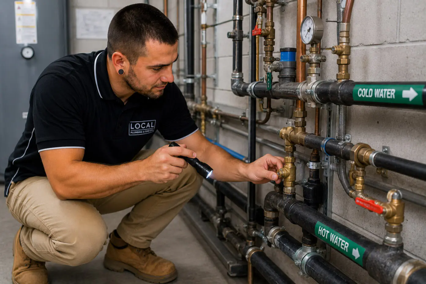 Commercial plumber checking valves and older pipework during a plumbing inspection