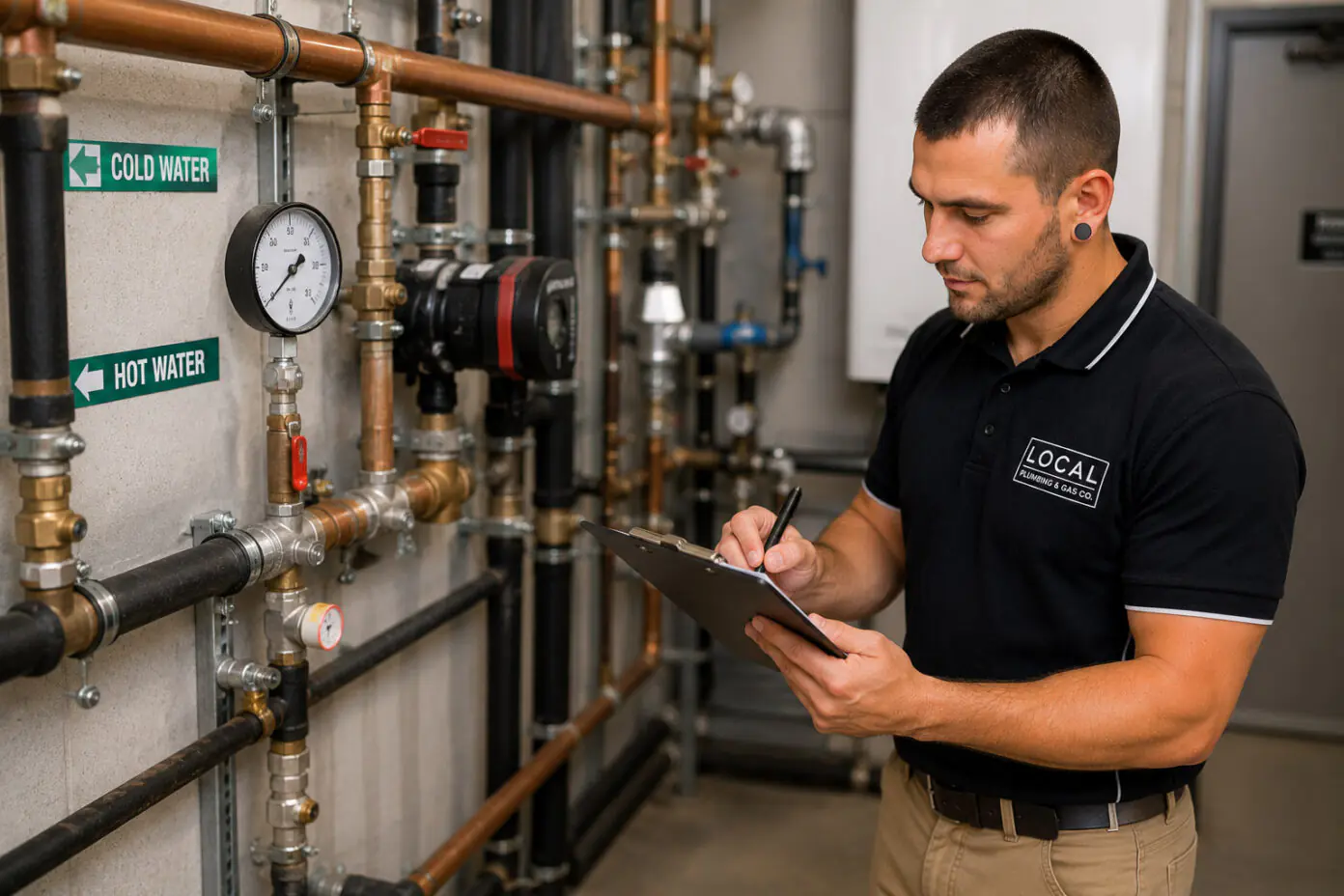 Licensed commercial plumber inspecting pipework, valves and water pressure in a plant room
