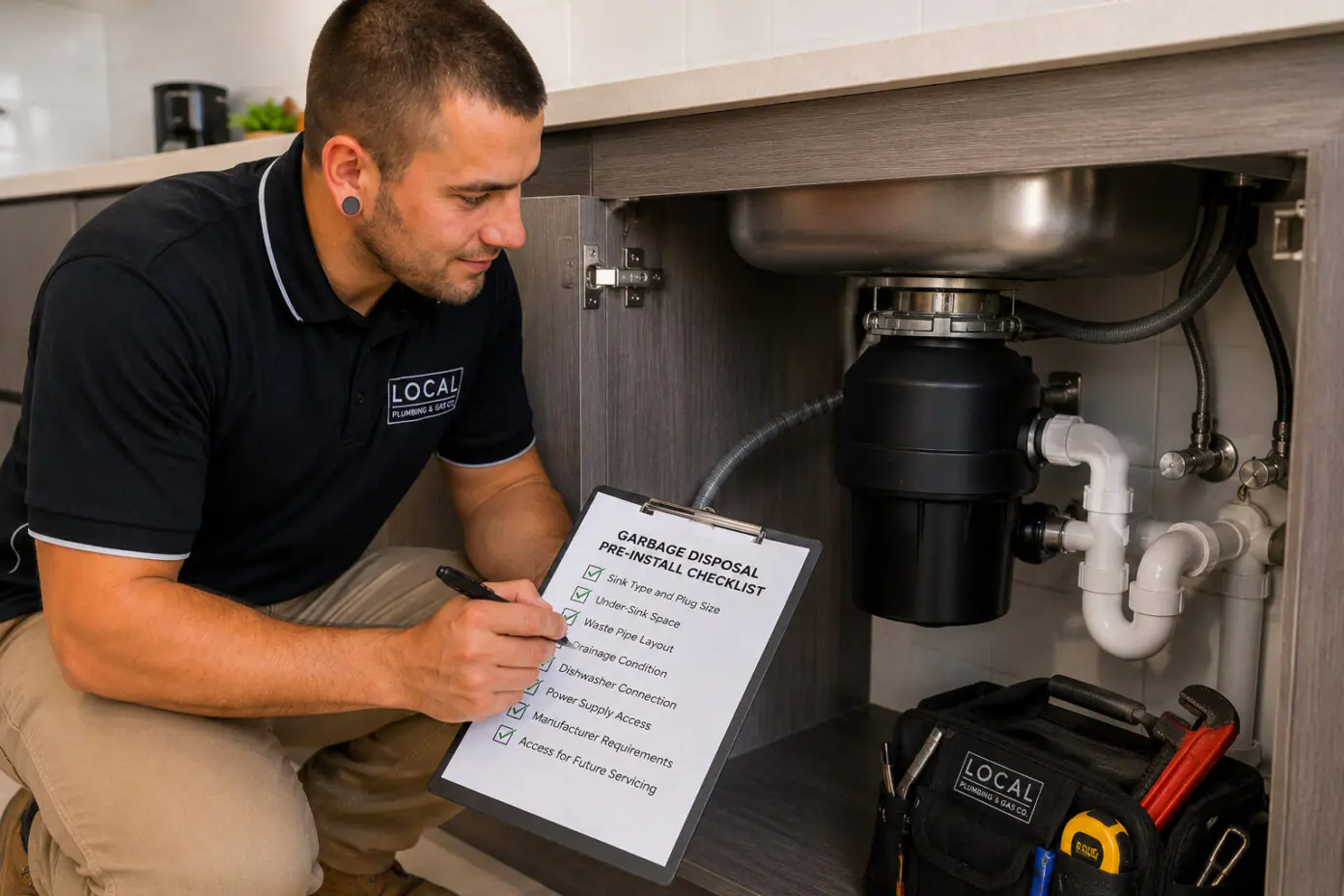 Plumber checking sink space, drainage and pipework before garbage disposal unit installation