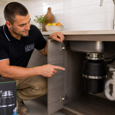 Gold Coast plumber inspecting a garbage disposal unit beneath a modern kitchen sink
