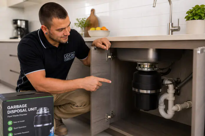 Gold Coast plumber inspecting a garbage disposal unit beneath a modern kitchen sink
