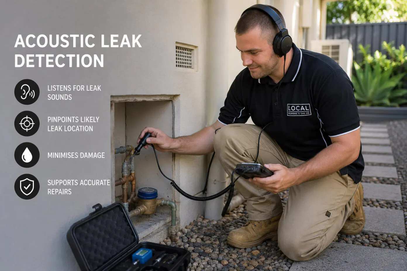 Gold Coast plumber using acoustic leak detection equipment to locate a hidden water leak