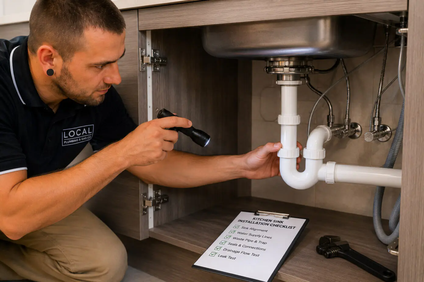 Plumber checking water lines, waste pipe, trap and drainage before kitchen sink installation