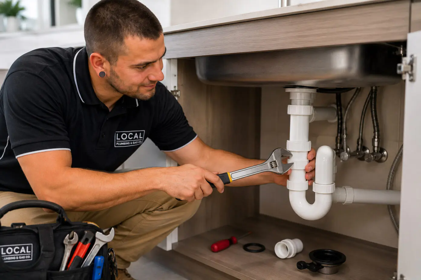 Licensed plumber connecting the waste pipe and trap beneath a kitchen sink