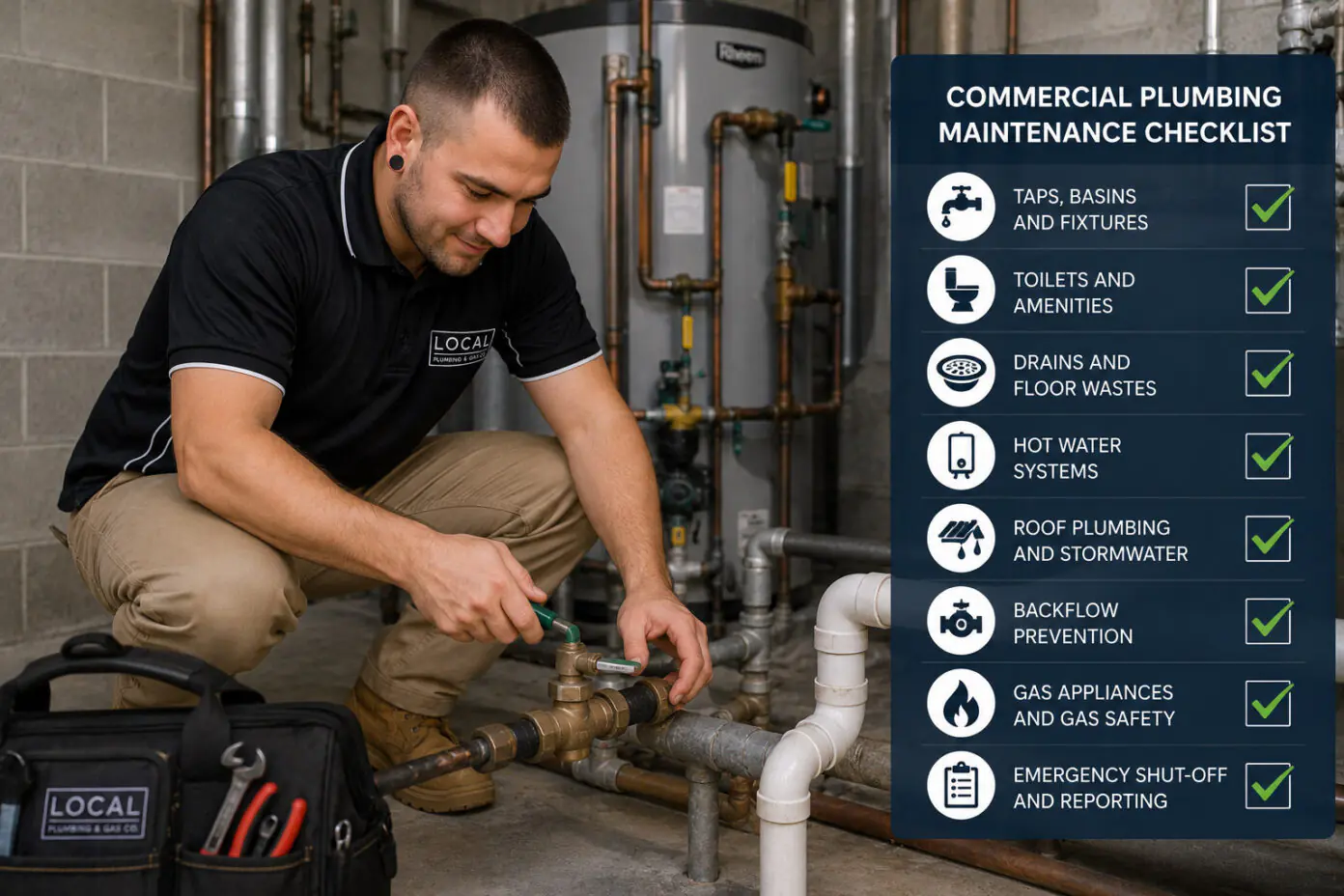 Licensed commercial plumber checking pipes, hot water, drains and backflow systems