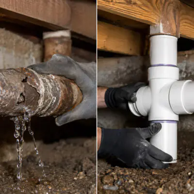 Damaged leaking pipe compared with replacement pipework for a Gold Coast home
