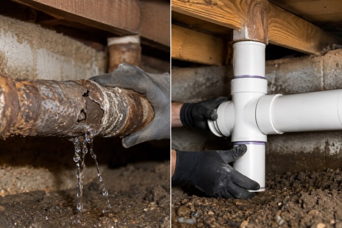 Damaged leaking pipe compared with replacement pipework for a Gold Coast home