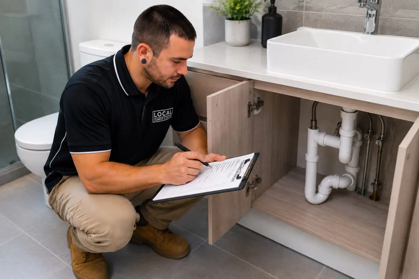 Plumber recording bathroom fixture and pipework findings during a home plumbing inspection