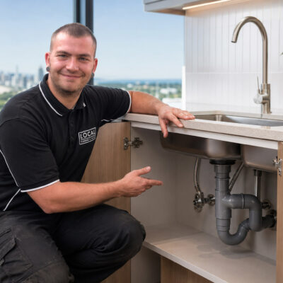 Gold Coast plumber inspecting newly installed kitchen sink plumbing and drainage connections
