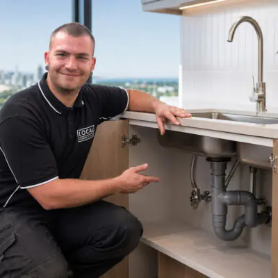 Gold Coast plumber inspecting newly installed kitchen sink plumbing and drainage connections