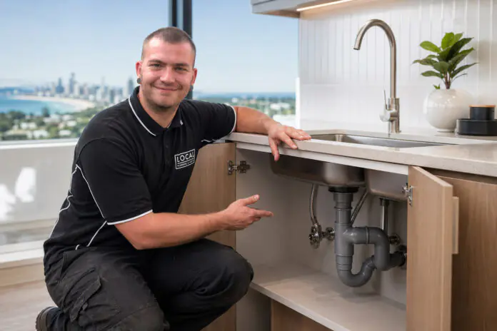 Gold Coast plumber inspecting newly installed kitchen sink plumbing and drainage connections