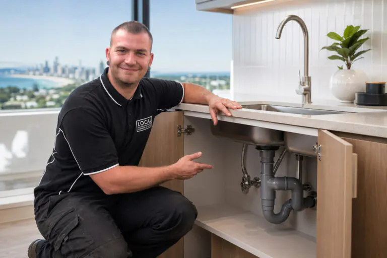 Gold Coast plumber inspecting newly installed kitchen sink plumbing and drainage connections