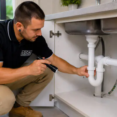 Licensed plumber inspecting residential PVC plumbing beneath a kitchen sink on the Gold Coast