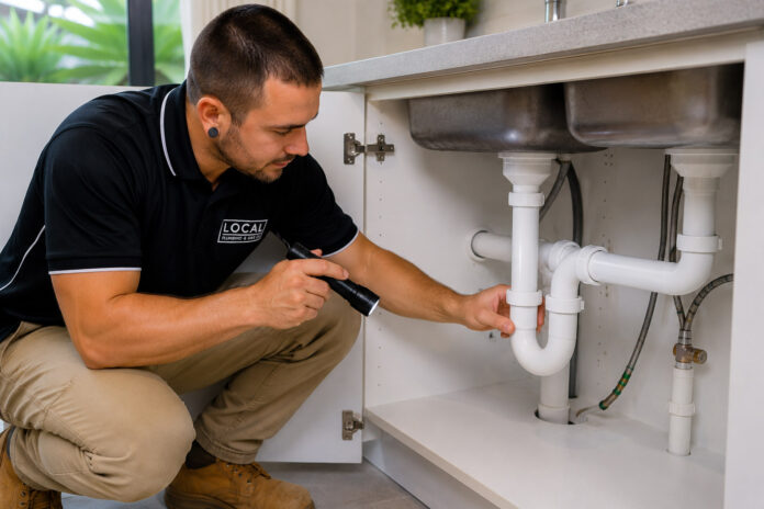 Licensed plumber inspecting residential PVC plumbing beneath a kitchen sink on the Gold Coast