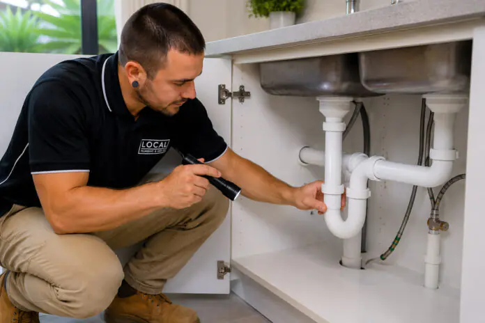 Licensed plumber inspecting residential PVC plumbing beneath a kitchen sink on the Gold Coast