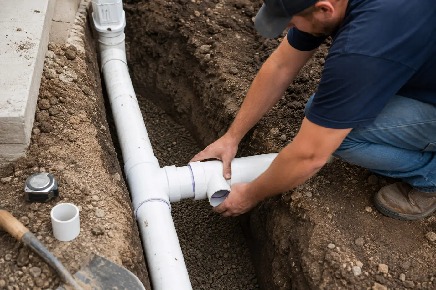 Plumber replacing damaged underground PVC drainage pipes at a Gold Coast property