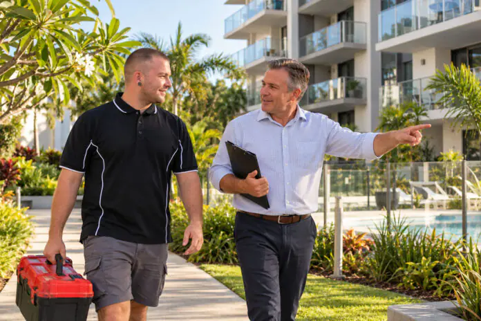 Plumber and onsite building manager walking through a Gold Coast apartment complex for body corporate plumbing
