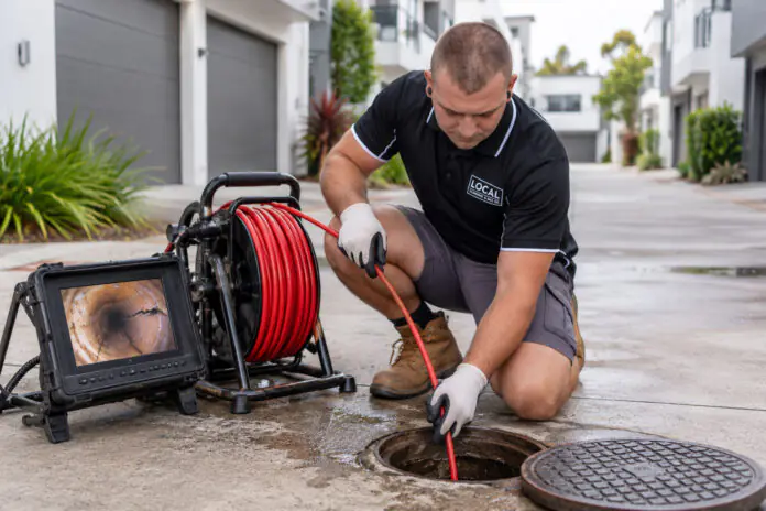 Plumber using a CCTV camera to inspect a shared drain at a Gold Coast strata complex